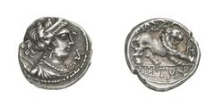 GRIECHISCHE MÜNZEN (GREEK COINS) MASSALIA MASSALIA Drachme, um 200 v. Chr. 2.75 g. Drapierte Büste der Artemis mit Diadem und Halskette rechts, Bogen und Köcher über der linken Schulter; im Feld recht