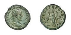 RÖMISCHE MÜNZEN (ROMAN COINS) TRAIANUS DECIUS (249 - 251) TRAIANUS DECIUS (249 - 251) Doppelsesterz, 250 - 251. 35.23 g. IMP C M Q TRAIANVS DECIVS AVG. Büste mit Strahlenkrone, Paludament und Panzer r