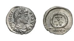 RÖMISCHE MÜNZEN (ROMAN COINS) VALENS (364 - 378) VALENS (364 - 378) Siliqua, 367 - 375, Antiochia. 1.87 g. D N VALENS - P F AVG. Büste mit Perldiadem, Paludament und Panzer rechts. Rs: VOT / X / MVL /