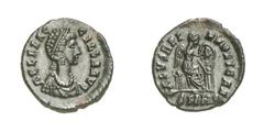 RÖMISCHE MÜNZEN (ROMAN COINS) THEODOSIUS I. (379 - 395) THEODOSIUS I. (379 - 395) Aelia Flacilla (gest. 388) Halbcentenionalis, 383 - 388, Heraclea. 1.15 g. AEL FLAC - CILLA AVG. Drapierte Büste mit P