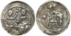 Medieval coins 607 Bolesław IV Kędzierzawy (1146-1173). Denar AW: Rycerz z tarczą i proporcem RW: Dwaj książęta siedzący za stołem Denar z wymowną symboliką przedstawiająca zgodę dwóch braci siedzącyc
