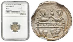 Medieval coins POLSKA / POLAND / POLEN / POLOGNE / POLSKO Bolesław IV Kędzierzawy (1146-1173). Denar NGC MS61 AW: Rycerz z tarczą i proporcem. RW: Dwaj książęta siedzący za stołem. Denar z wymowną sym