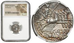 Ancient coins: Roman Republic (Rome) Roman Republic, Denar, C. Aburius Geminus 134 BC, Rome NGC AU AW: Głowa Romy w hełmie w prawo, przy szyi oznaczenie nominału, po lewo inskrypcja GEM. RW: Mars powo