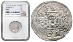 COLLECTION Medieval coins POLSKA / POLAND / POLEN / POLOGNE / POLSKO Bolesław IV Kędzierzawy (1146-1173). Denar (Denarius) NGC MS62 AW: Rycerz z tarczą i proporcem. RW: Dwaj książęta siedzący za stołe