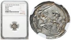 Medieval Coins - Poland POLSKA / POLAND / POLEN / POLOGNE / POLSKO Władysław II Wygnaniec (1138-1146). Denar (denarius) - Walka z lwem NGC MS64 (2MAX) - WYŚMIENITY AW: Książę z mieczem na tronie, obok