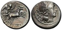 Ancient Coins - Roman Republic RÖMISCHEN REPUBLIK / GRIECHISCHE MÜNZEN / BYZANZ / ANTIK / ANCIENT / ROME / GREECE Roman Republic, Denar, Anonymous Issue 157-155 BC, Rome Patyna. Condition: 3 (VF) Lite