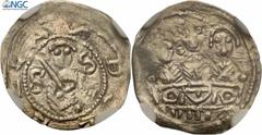 Medieval coins POLSKA/POLAND/POLEN Bolesław lV Kędzierzawy. Denar 1157-1166 r. NGC MS62 Aw.: Popiersie księcia Bolesława na wprost trzymającego miecz, po bokach litery S, wokoło BOLEZLAS Rw.: Trzej ks
