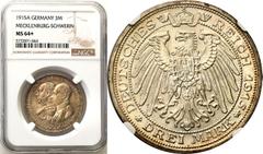 Germany / Prussia WORLD COINS Germany, Meklenburg-Schwerin. 3 mark 1915 A, Berlin NGC MS64+ EXCELLENT i RARE Wybite na 100-lecie powstania Wielkiego KsięstwaMeklemburgii i Szwerinu.Idealnie zachowana 
