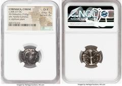 Ancients Greek CYRENAICA. Cyrene. Ca. 308-277 BC. AR didrachm (20mm, 7.62 gm, 12h). NGC Choice Fine 4/5 - 4/5. Magas as Ptolemaic governor, ca. 300-282/75 BC. Bare head of Apollo-Carneius right, with 
