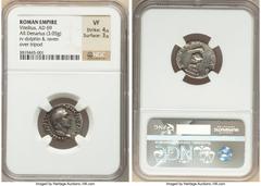 Ancients Roman Imperial Vitellius (late April-20 December AD 69). AR denarius (19mm, 3.05 gm, 6h). NGC VF 4/5 - 3/5. Rome. A VITELLIVS GERMANICVS IMP, bare head of Vitellius right / XV VIR-SACR FAC, t