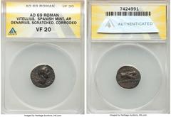 Ancients Roman Imperial Vitellius (late April-December AD 69). AR denarius (17mm, 11h). ANACS VF 20, scratched, corroded. Spain. A VITELLIVS-IMP GERMAN, laureate head of Vitellius right; globe at poin