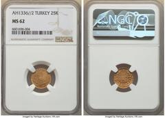 Islamic Dynasties Ottoman Empire Ottoman Empire. Mehmed VI gold 25 Kurush AH 1336 Year 2 (1918/1919) MS62 NGC, Constantinople mint (in Turkey), KM825. HID05401242017 © 2022 Heritage Auctions | All Rig