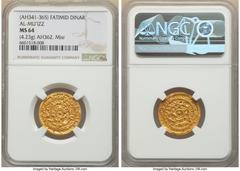 Islamic Dynasties Fatimid Fatimid. al-Mu'izz (AH 341-365 / AD 953-975) gold Dinar AH 362 (AD 972/973) MS64 NGC, Misr mint, A697.1. 4.23gm. HID05401242017 © 2022 Heritage Auctions | All Rights Reserved