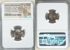 Ancients Roman Republic Julius Caesar, as Dictator (49-44 BC). AR denarius (17mm, 3.92 gm, 7h). NGC Choice AU S 5/5 - 5/5. Military mint traveling with Caesar in North Africa, ca. 48-46 BC. Diademed h