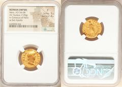 Ancients Roman Imperial Nero (AD 54-68). AV aureus (19mm, 7.05 gm, 5h). NGC Fine 5/5 - 4/5. Rome, ca. AD 64-65. NERO-CAESAR, laureate, bearded head of Nero right / AVGVSTVS-GERMANICVS, Colossus of Ner