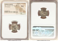 Ancients Roman Imperial Marcus Aurelius (AD 161-180). AR denarius (18mm, 5h). NGC AU. Rome, AD 170-171. IMP M ANTONINVS-AVG TR P XXV, laureate head of Marcus Aurelius right / VOTA SVSCEP-DECENN II, Ma