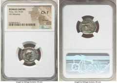 Ancients Roman Imperial Titus, as Augustus (AD 79-81). AR denarius (19mm, 6h). NGC Choice Fine, brushed. Rome, January-June AD 80. IMP TITVS CAES VESPASIAN AVG P M, laureate head of Titus right / TR P