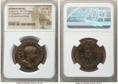 Ancients Roman Imperial Gordian III, as Augustus (AD 238-244). AE sestertius (29mm, 17.41 gm, 12h). NGC Choice XF 5/5 - 3/5, glue residue. Rome, AD 240. IMP CAES M ANT GORDIANVS AVG, laureate, draped 