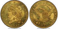 Early Half Eagles 1820 $5 Curl Base 2, Small Letters, BD-6, High R.7, MS64+ PCGS. CAC. Ex: Harry W. Bass, Jr. Collection. Bass-Dannreuther Die State c/a. Obverse clash marks from the previous use of t