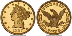 Proof Liberty Half Eagles 1857 $5 PR66 Cameo PCGS. JD-1, R.8. Ex: Harry W. Bass, Jr. Collection. History, rarity, and condition all contribute to the appeal of the coins we collect. Usually, some degr