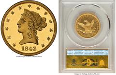 Proof Liberty Eagles 1843 $10 PR64+ Deep Cameo PCGS. JD-1, High R.7. Ex: Harry W. Bass, Jr. Collection. Christian Gobrecht's Liberty Head design was introduced for ten dollar gold production in 1838 -