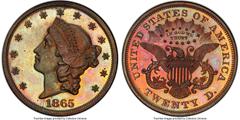 Patterns 1865 $20 Twenty Dollar, Judd-453, Pollock-526, High R.6, PR65 Brown PCGS. Ex: Harry W. Bass, Jr. Collection. Both the obverse and the reverse are similar to the regular issue 1865 double eagl
