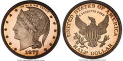 Patterns 1877 50C Half Dollar, Judd-1528, Pollock-1696, High R.7, PR66 Deep Cameo PCGS. CAC. Harry W. Bass, Jr. Collection. A William Barber design with a helmeted head of Liberty on the obverse and a