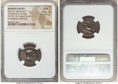 Ancients Roman Imperial Nero, as Augustus (AD 54-68), with Agrippina Junior. AR denarius (19mm, 3.66 gm, 7h). NGC XF S 4/5 - 5/5. Lugdunum, AD 55. NERO CLAVD DIVI F CAES AVG GERM IMP TR P COS, jugate 