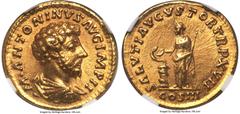 Ancients Roman Imperial Marcus Aurelius, as Augustus (AD 161-180). AV aureus (19mm, 7.06 gm, 6h). NGC Choice MS 5/5 - 5/5. Rome, AD 163. •M•ANTONINVS AVG IMP II, bareheaded, draped, and cuirassed bust