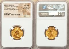 Ancients Roman Imperial Commodus, as Augustus (AD 177-192). AV aureus (21mm, 7.32 gm, 11h). NGC Choice MS 5/5 - 5/5. Rome, spring AD 179. L•AVREL•COM-MODVS AVG, laureate, draped, and cuirassed bust of