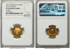 Australia Victoria gold Proof Pattern 1/2 Sovereign 1853-SYDNEY PR62 Ultra Cameo NGC, London mint, KM-Pn1, McDonald-001 (this coin), Rennik-pg. 24 (this coin cited), Marsh-378 (R7), QM-227 (R7; this c