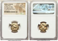 Ancients Greek MYSIA. Cyzicus. Ca. 500-450 BC. EL stater (19mm, 15.72 gm). NGC VF 4/5 - 4/5. Eagle standing left, wings open, pecking at tunny fish below / Quadripartite incuse square punch. Greenwell