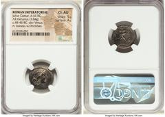 Ancients Roman Republic Julius Caesar, as Dictator (49-44 BC). AR denarius (18mm, 3.84 gm, 6h). NGC Choice AU 5/5 - 4/5. Military mint traveling with Caesar in North Africa, 48-46 BC. Diademed head of