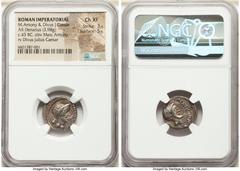 Ancients Roman Republic Marc Antony, as Imperator and Triumvir (44-43 BC), with Divus Julius Caesar. AR denarius (17mm, 3.98 gm, 11h). NGC Choice XF 3/5 - 5/5. Military mint traveling with Antony in C