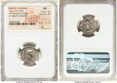 Ancients Roman Imperial Titus, as Augustus (AD 79-81). AR denarius (19mm, 3.55 gm, 5h). NGC MS 5/5 - 4/5. Rome, 1 January-30 June AD 80. IMP TITVS CAES VESPASIAN AVG P M, laureate head of Titus right 