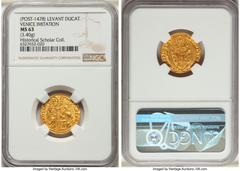 Crusader States Giovanni Grandenigo (1355-1356) gold Imitation Ducat (POST-1478) MS63 NGC, Fr-1223, Bell-20. 3.40gm. Venetians in the Levant. Very crude and eastern style, the characters not of Roman 