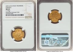 Spain Visigoths. Witteric gold Tremissis ND (603-610) MS65 NGC, Emerita mint, CNV-175.5. 1.45gm. + VVITERICVS (retrograde S) RE+, facing bust / +EMERE |T| Λ PIVS, facing bust. A crackling Gem standing
