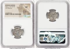 Ancients Roman Imperial Nerva (AD 96-98). AR denarius (18mm, 5h). NGC VF, flan flaw. Rome, AD 96. IMP NERVA CAES AVG GERM P M TR P II, laureate head of Nerva right / IMP II-COS IIII P P, Aequitas stan