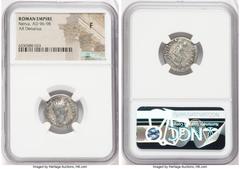 Ancients Roman Imperial Nerva (AD 96-98). AR denarius (18mm, 8h). NGC Fine. Rome, AD 97. IMP NERVA CAES AVG-P M TR P COS III P P, laureate head of Nerva right / IVSTITIA-AVGVST, Justitia seated right 