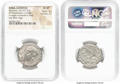Ancients Roman Provincial SYRIA. Laodicea ad Mare. Macrinus (AD 217-218). BI tetradrachm (26mm, 13.48 gm, 12h). NGC Choice XF 4/5 - 5/5. AYT K M OΠ CЄOY MAKPЄINOC CЄ, laureate head of Macrinus right/ 
