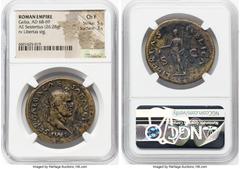 Ancients Roman Imperial Galba (AD 68-69). AE sestertius (35mm, 26.28 gm, 6h). NGC Choice Fine 5/5 - 3/5. Rome, ca. late summer AD 68. IMP SER GALBA CAE-SAR AVG TR P, laureate head of Galba right / LIB