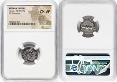 Ancients Roman Imperial Nerva (AD 96-98). AR denarius (17mm, 6h). NGC Choice VF. Rome, AD 98. IMP NERVA CAES AVG-GERM P M TR P II, laureate head of Nerva right / IMP II-COS IIII P P, clasped right han