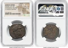 Ancients Roman Imperial Pertinax (AD 193). AE sestertius (30mm, 26.20 gm, 12h). NGC Fine 4/5 - 3/5. Rome. IMP CAES P HELV PE-RTINAX AVG, laureate head of Pertinax right / VOT DECEN TR P COS II, Pertin