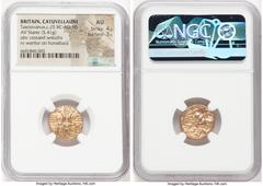 Ancients Celtic BRITAIN. Catuvellauni & Trinovantes. Tasciovanus (ca. 20 BC-AD 10). AV stater (17mm, 5.41 gm, 2h). NGC AU 4/5 - 3/5. Trinovantian N, ca. 20-15 BC. Two crossed open wreaths with opposed