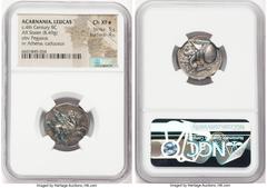 Ancients Greek ACARNANIA. Leucas. Ca. 4th century BC. AR stater (21mm, 8.49 gm, 8h). NGC Choice XF S 5/5 - 4/5. Pegasus flying right / Head of Athena left, wearing Corinthian helmet pushed back on hea