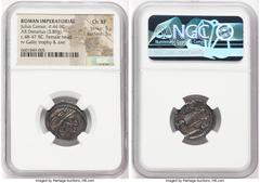Ancients Roman Republic Julius Caesar, as Dictator (49-44 BC). AR denarius (19mm, 3.89 gm, 1h). NGC Choice XF 5/5 - 5/5. Military mint traveling with Caesar in Greece, Apollonia, July 48 BC. Female he