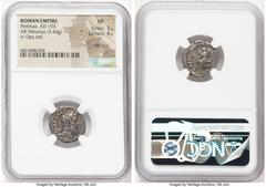 Ancients Roman Imperial Pertinax (1 January-28 March AD 193). AR denarius (17mm, 3.44 gm, 6h). NGC VF 3/5 - 4/5, flan flaw. Alexandria. IMP CAES P HELV-PERTIN AVG, laureate head of Pertinax right / OP