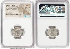 Ancients Roman Imperial Macrinus (AD 217-218). AR denarius (19mm, 3.70 gm, 12h). NGC AU 5/5 - 3/5. Rome, December AD 217. IMP C M OPEL SEV-MACRINVS AVG, laureate, draped bust of Macrinus right, seen f