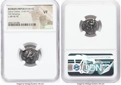 Ancients Roman Republic Julius Caesar, as Dictator (49-44 BC). AR denarius (18mm, 6h). NGC VF. Military mint traveling with Caesar in North Africa, ca. 48-46 BC. Diademed head of Venus right, wearing 