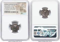 Ancients Roman Republic Julius Caesar, as Dictator (49-44 BC). AR denarius (18mm, 3.73 gm, 6h). NGC Choice Fine, 5/5 - 3/5, bankers mark. Military mint traveling with Caesar in North Africa, ca. 48-46